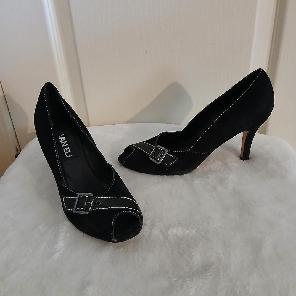 Y2K Vintage Mcbling VANELi Black Suede Peep Toe Buckle Heels 7 Indie Office Boho